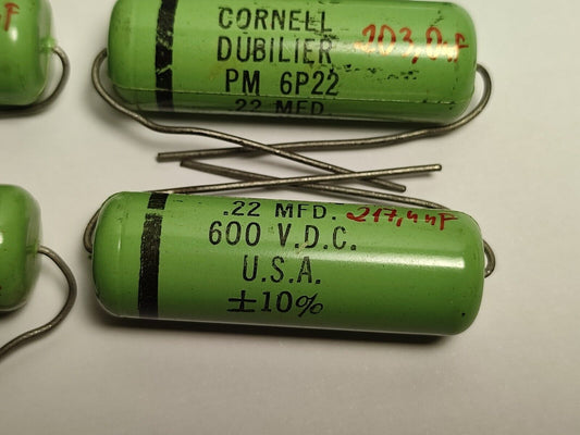 Pair Cornell Dubilier PM 6P22 Vintage Greenies .22uF 600V Mylar capacitor - NOS