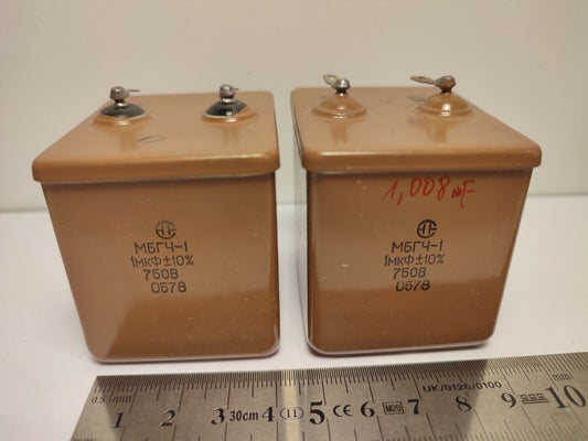 2 pcs 1uF 750V 10% MBGCh / MBGO PIO Paper in Oil Capacitors USSR NOS