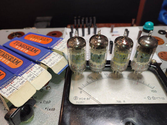 4pcs. USED MATCHED ECC83 / 12AX7 Tungsram Tube, Ribbed Plates, Hallo Getter, 90% - Vintage Radio Parts Store