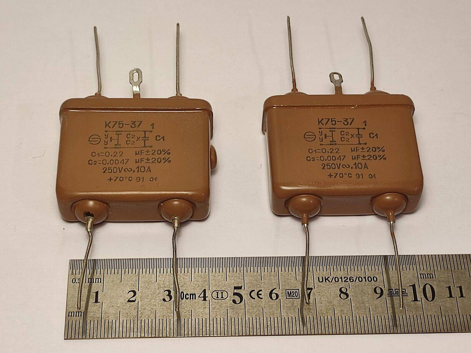 K75-37 C1=0.22mkf ±20% C2=0.0047mkf ±20% 250v 2pcs NEW PETP AUDIO CAPS OTK USSR - Vintage Radio Parts Store