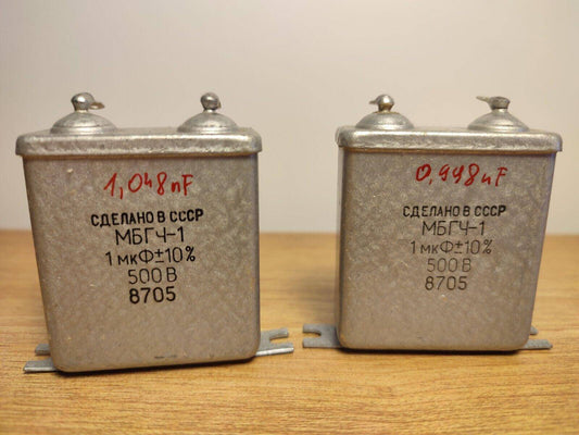 Lot of 2pc MBGCH-1 1uF 500V МБГЧ-1 Paper in OIL PIO Audio Capacitors NOS - Vintage Radio Parts Store